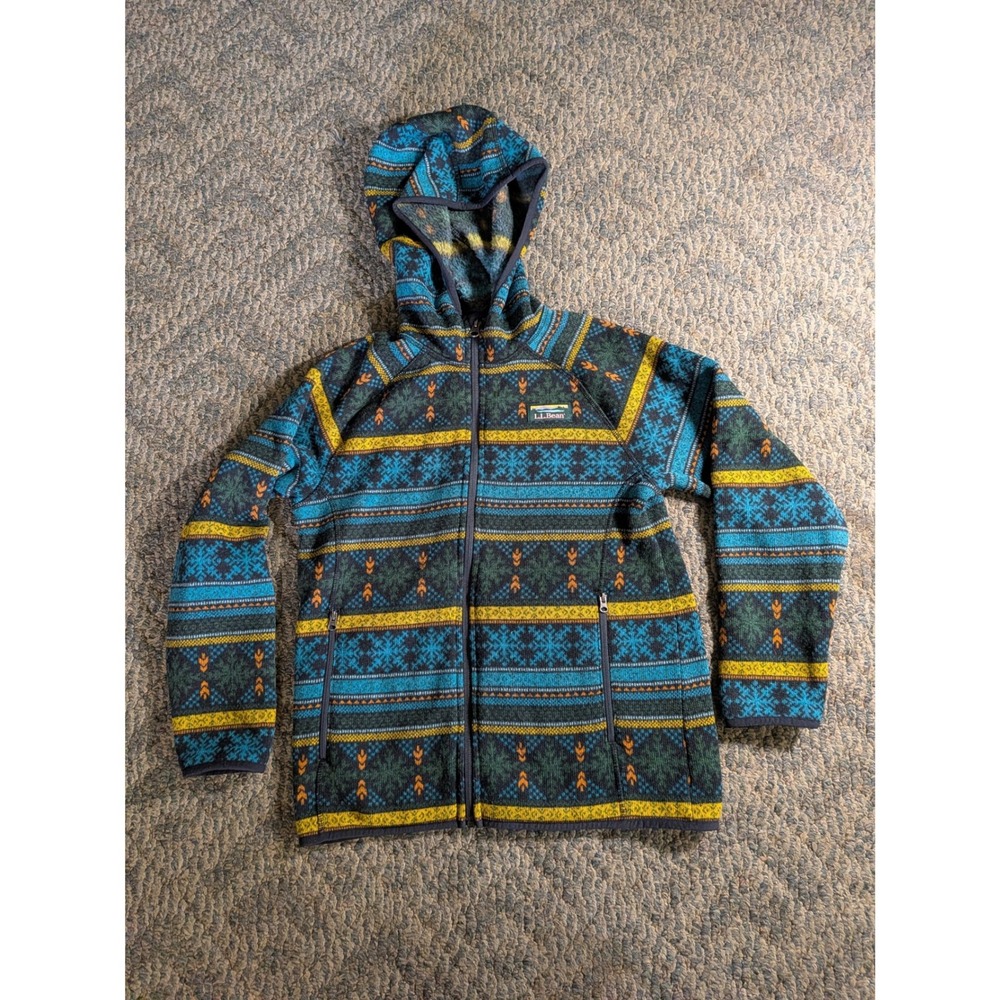 LL Bean Sweater Fleece Full Zip Hoodie Fair Isle Snowflake Teal Green Mens Small